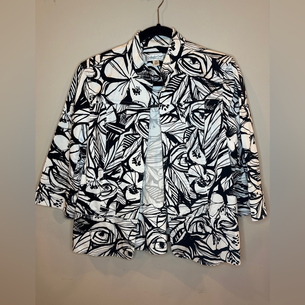 Coldwater Creek Black White Floral Jacket Petite Medium